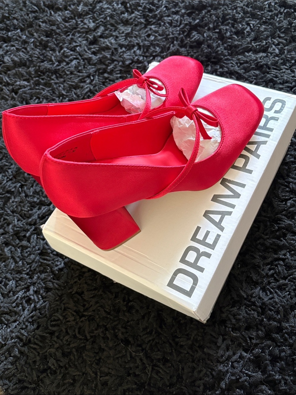 Dream Pairs Bright Red Mary Jane Block Heel Pumps with Bow